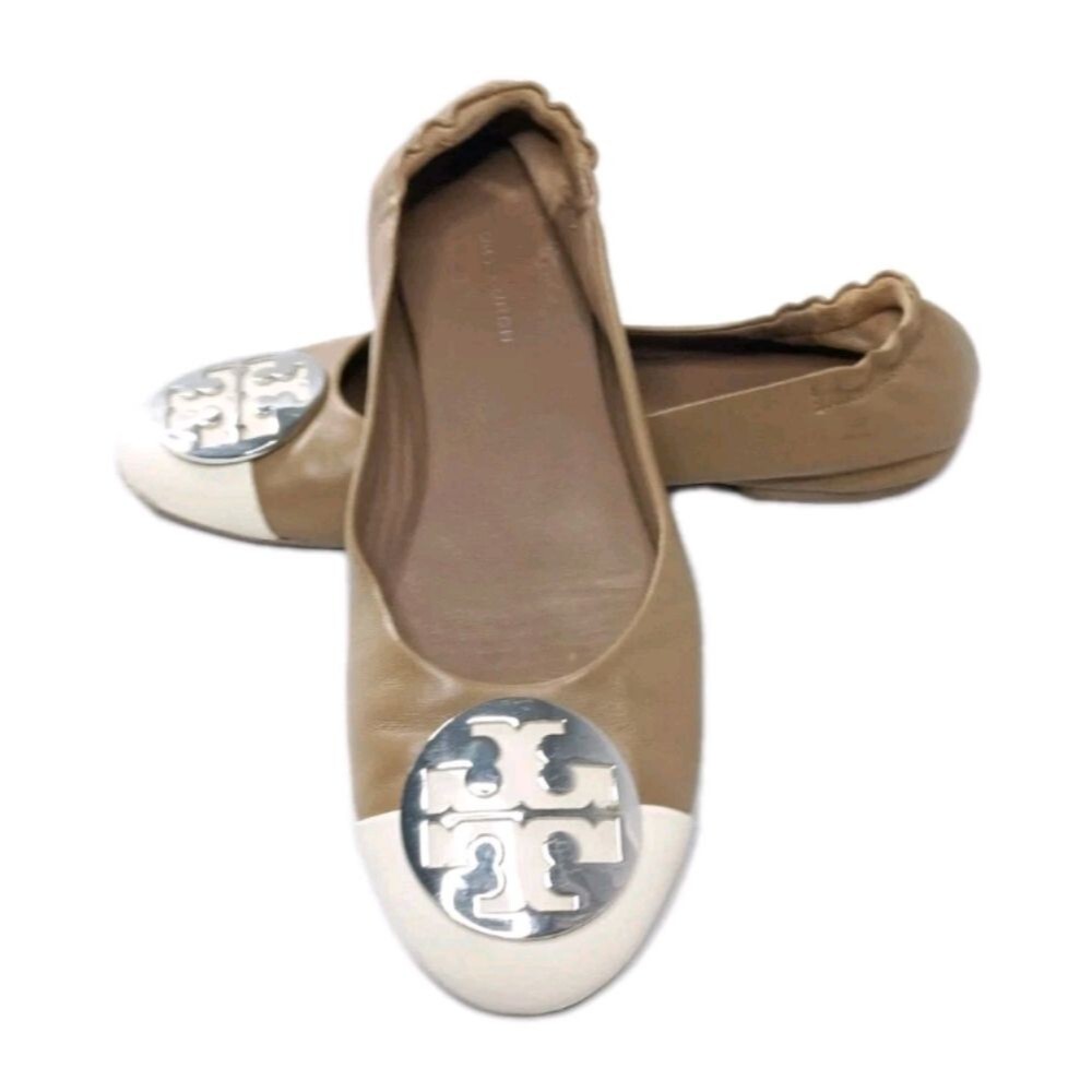 Tory Burch Claire Cap Toe Ballet Flat Shoes  Women's Size 6.5 M Cream & Brown - Picture 5 of 7